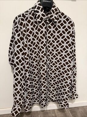 Vintage 90s Brown & White Italian Geometric-Link Button-Down Shirt S